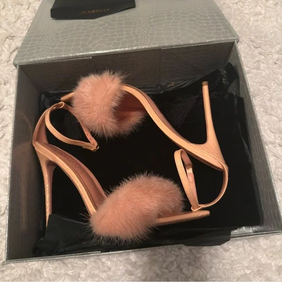 I AM JENNIFER LE Peach Fur Pom High Heel Sandals 40 - Picture 4 of 7